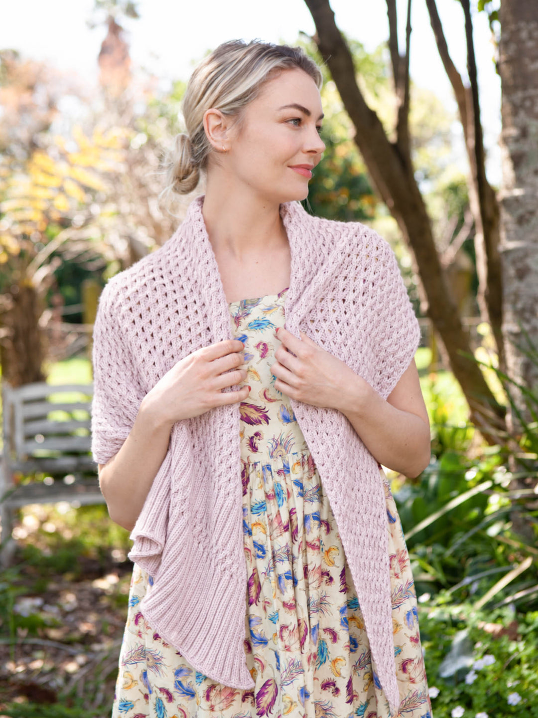 Euclid asymmetrical shawl with lattice cable and eyelet stitchwork and a deep ribbed border