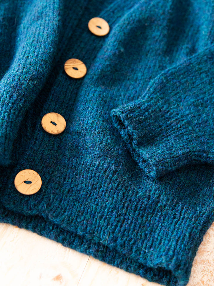 Lakes Cardigan by Ozetta knitted in Unravelled Uno alpaca and merino yarn