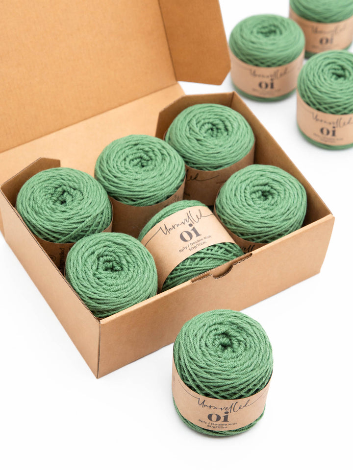 Unravelled Oi Merino yarn in Sweet Basil for the Euclid Shawl knitting kit