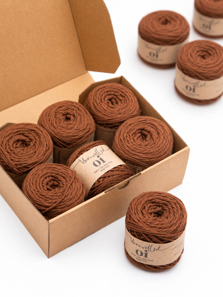 Unravelled Oi Merino yarn in Roasted Chestnut for the Euclid Shawl knitting kit