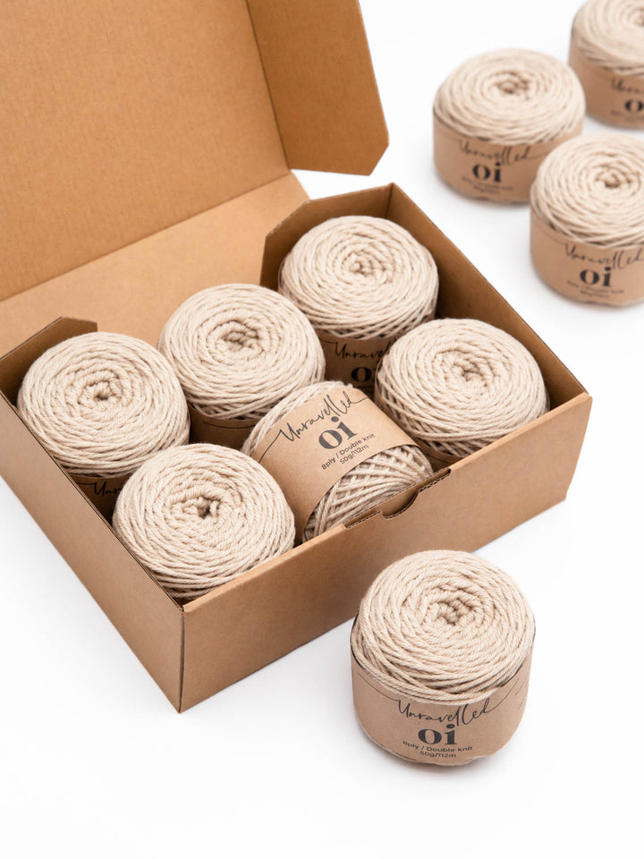 Unravelled Oi Merino yarn in Warm Oat for the Euclid Shawl knitting kit