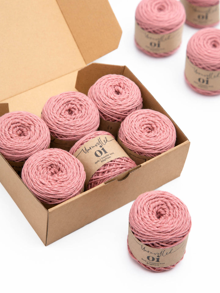 Unravelled Oi Merino yarn in Rose Clay for the Euclid Shawl knitting kit