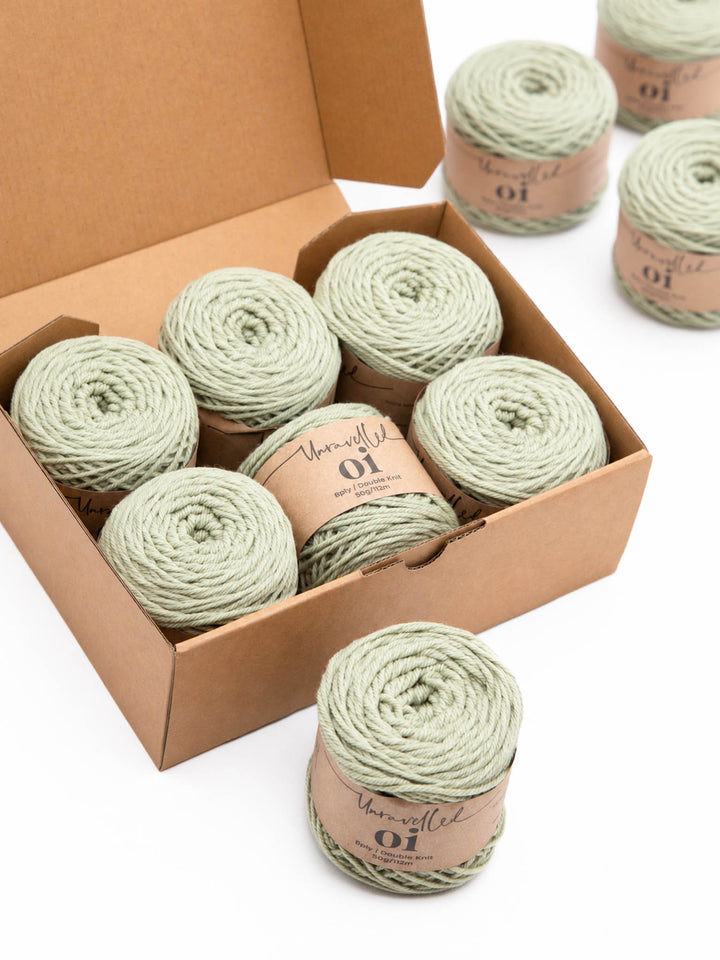 Unravelled Oi Merino yarn in Sage Garden for the Euclid Shawl knitting kit