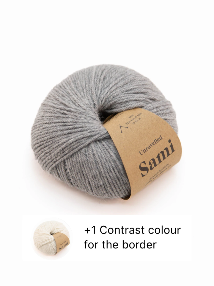 Penny & Oscar Baby Blanket kit in Fog, 100% baby alpaca Sami yarn with cream contrast border