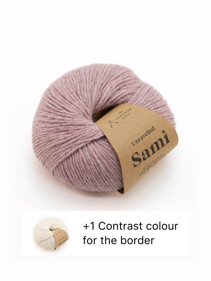 Penny & Oscar Baby Blanket kit in Heather, 100% baby alpaca Sami yarn with cream contrast border