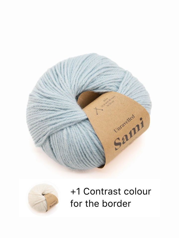 Penny & Oscar Baby Blanket kit in Ice, 100% baby alpaca Sami yarn with cream contrast border
