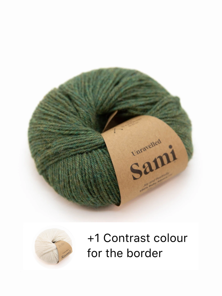 Penny & Oscar Baby Blanket kit in Moss, 100% baby alpaca Sami yarn with cream contrast border