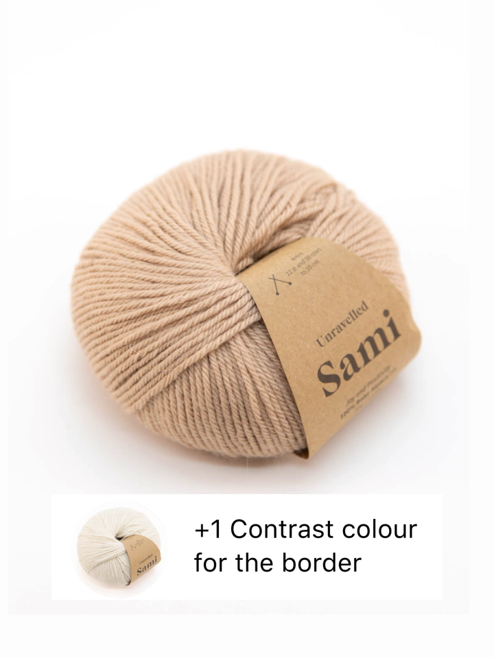 Penny & Oscar Baby Blanket kit in Pebble, 100% baby alpaca Sami yarn with cream contrast border