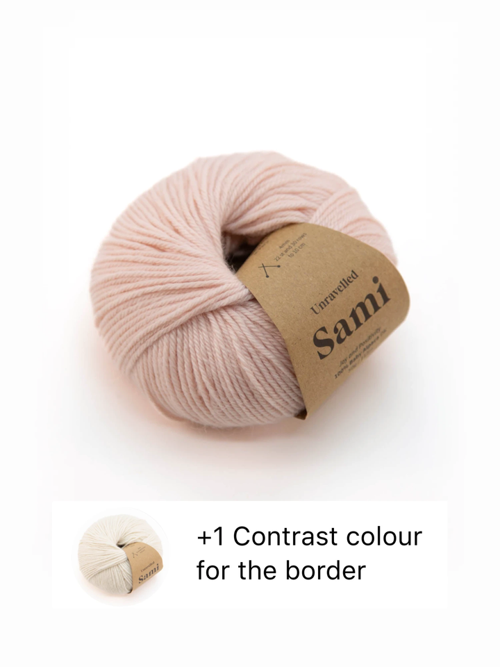 Penny & Oscar Baby Blanket kit in Petal, 100% baby alpaca Sami yarn with cream contrast border
